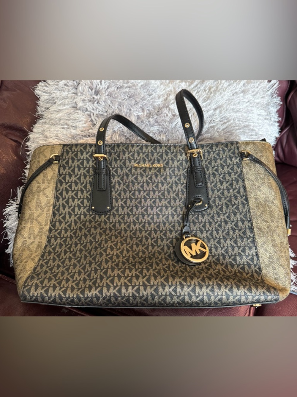 Michael Kors Brown and Black MK Monogram Tote with Gold Accent